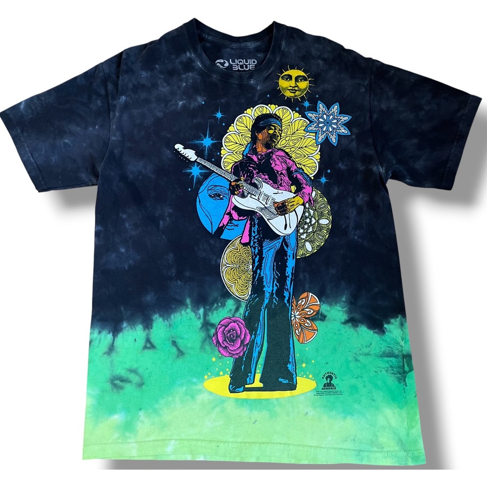 Liquid Blue Jimi Hendrix Tie Dye Graphic T-Shirt Mens Medium Black Green Rock